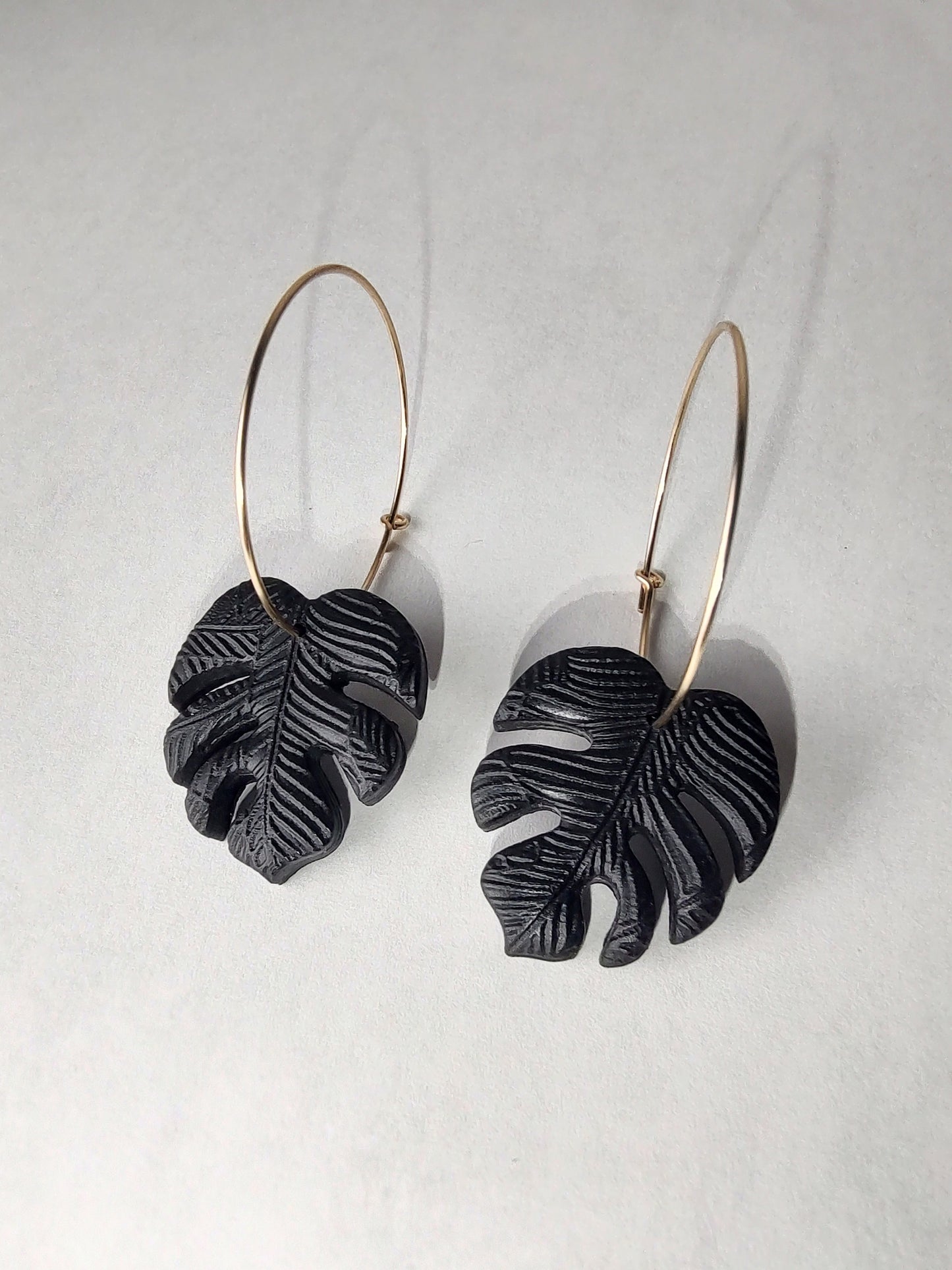 Black Monstera Hoop Earrings
