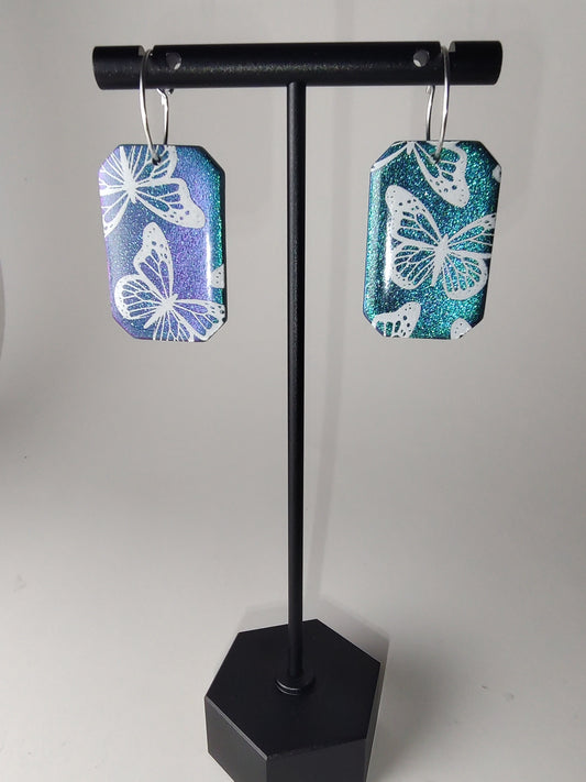 Iridescent Teal Butterfly Hoop Earrings