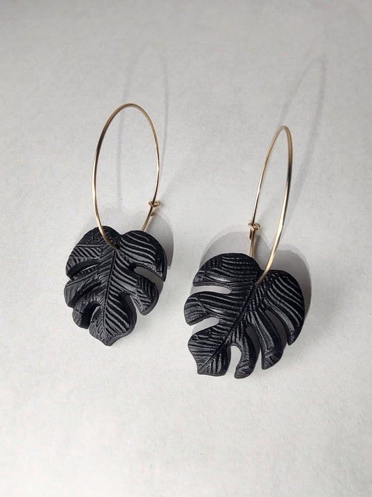 Black Monstera Hoop Earrings