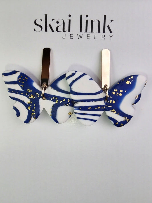 Golden Blue Marble Butterfly Earrings
