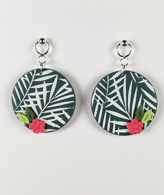 Hibiscus Palm Earrings (large circle)